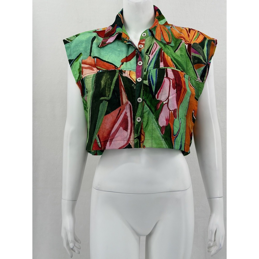 Farm Rio Top Womens Large Green Tropical Floral Banana Foliage Swim Cover Up
